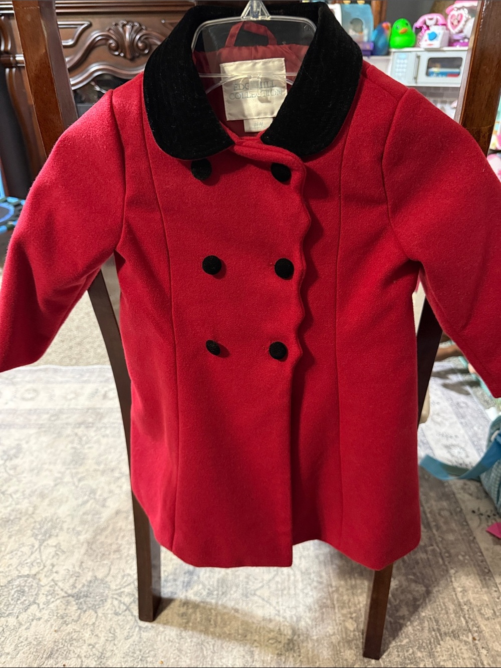 Edgehill Collection Red Double-Breasted Pea Coat with Black Velvet Collar